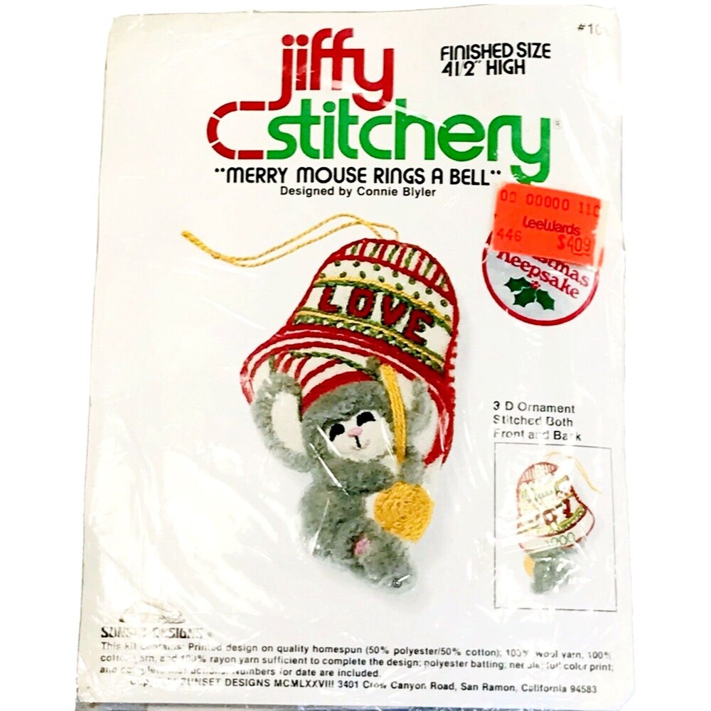 Jiffy Stitchery Vtg NEW Embroidery Kit Merry Mouse Rings Bell Christmas Ornament